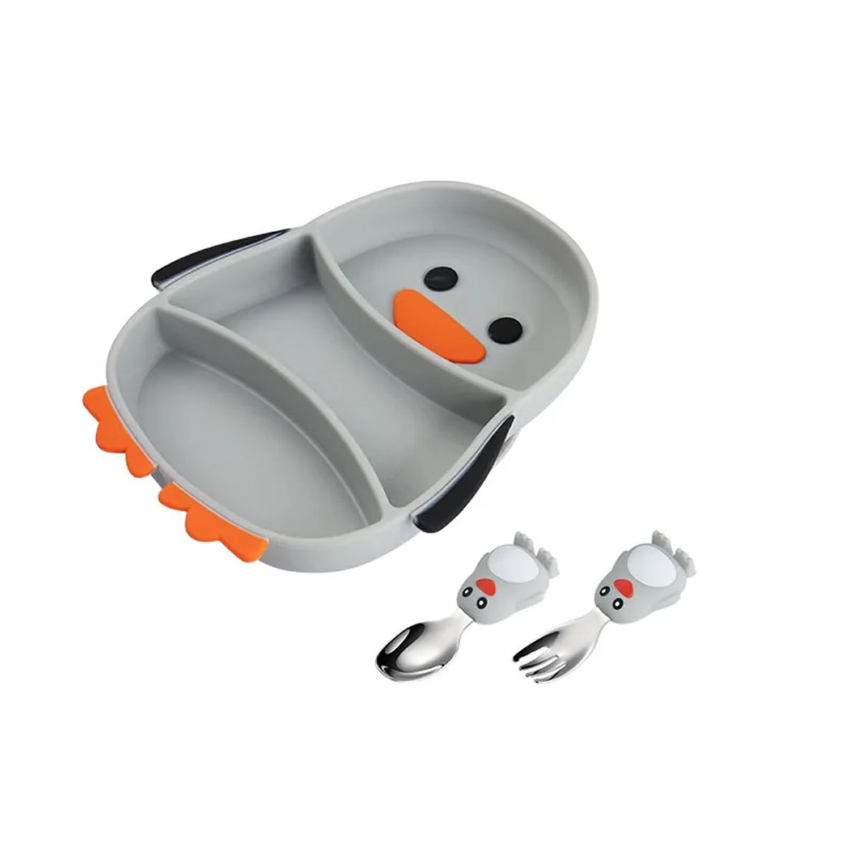 GENERICO - Plato de silicona bebe con cubiertos modelo Pinguino