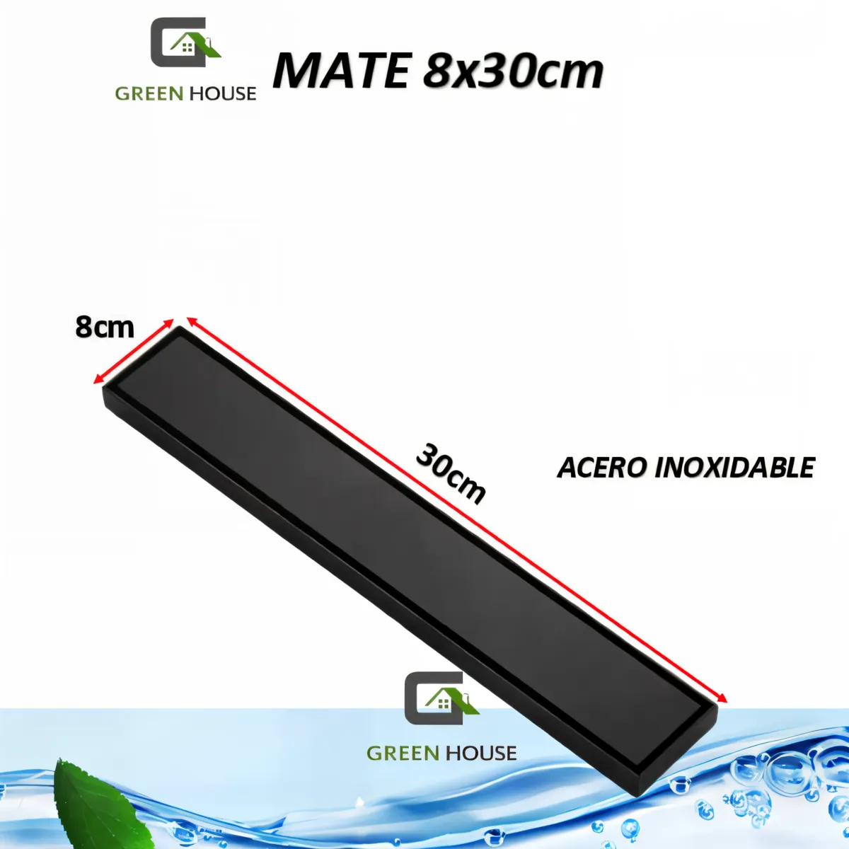 GREEN HOUSE - SUMIDERO REVERSIBLE  ACERO SUS 304 ALTO TRANSITO  8 x 30 CM NEGRO