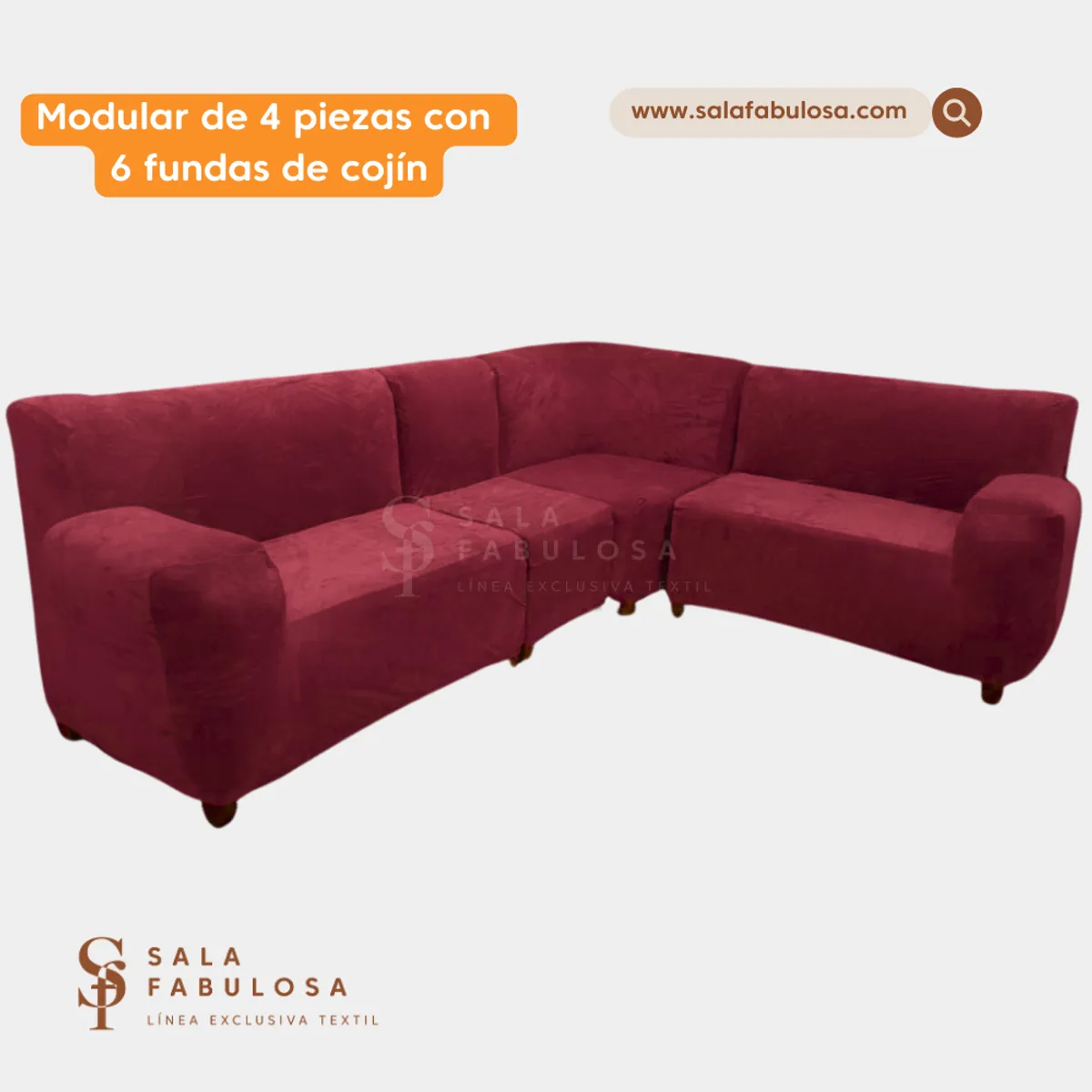 SALA FABULOSA - Funda de mueble modular 4 piezas con 6 fundas de cojines color Guinda