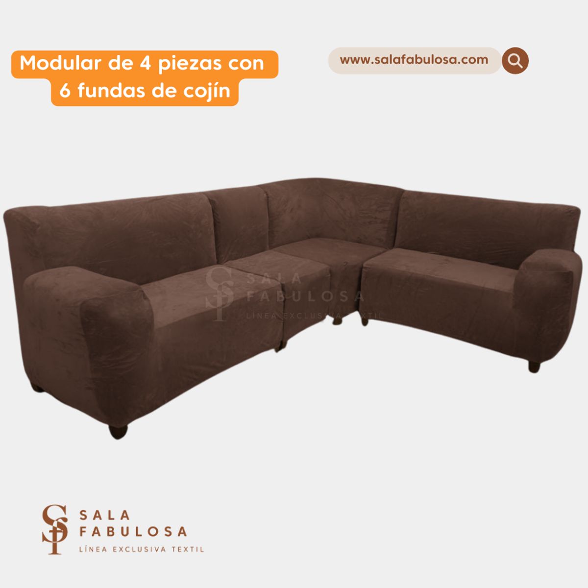 SALA FABULOSA - Funda de mueble modular 4 piezas con 6 fundas de cojines color Chocolate