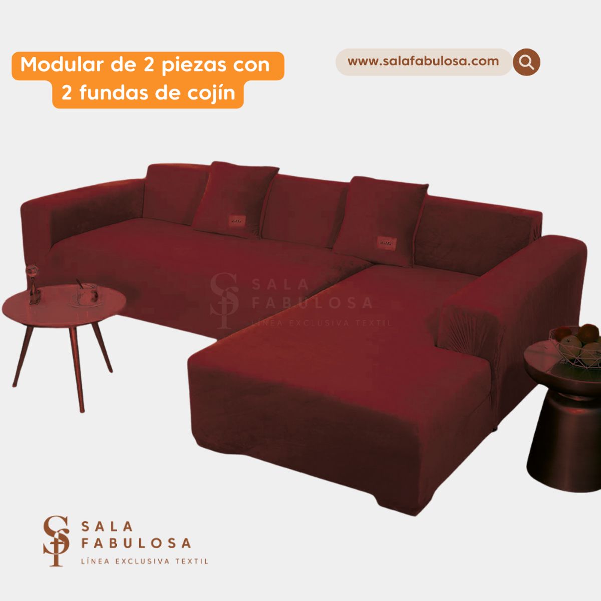 SALA FABULOSA - Funda de mueble modular 2 pzs con 2 fundas de cojines GUINDA