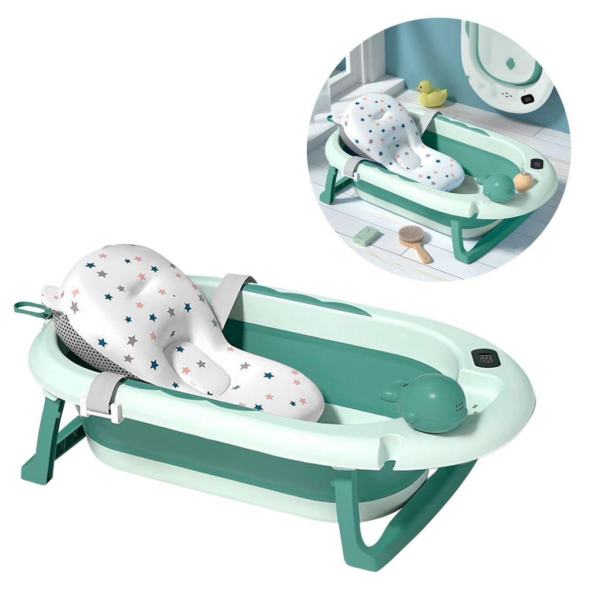 BABYPAL - Bañera Plegable Bebe Termostato Cojin Verde