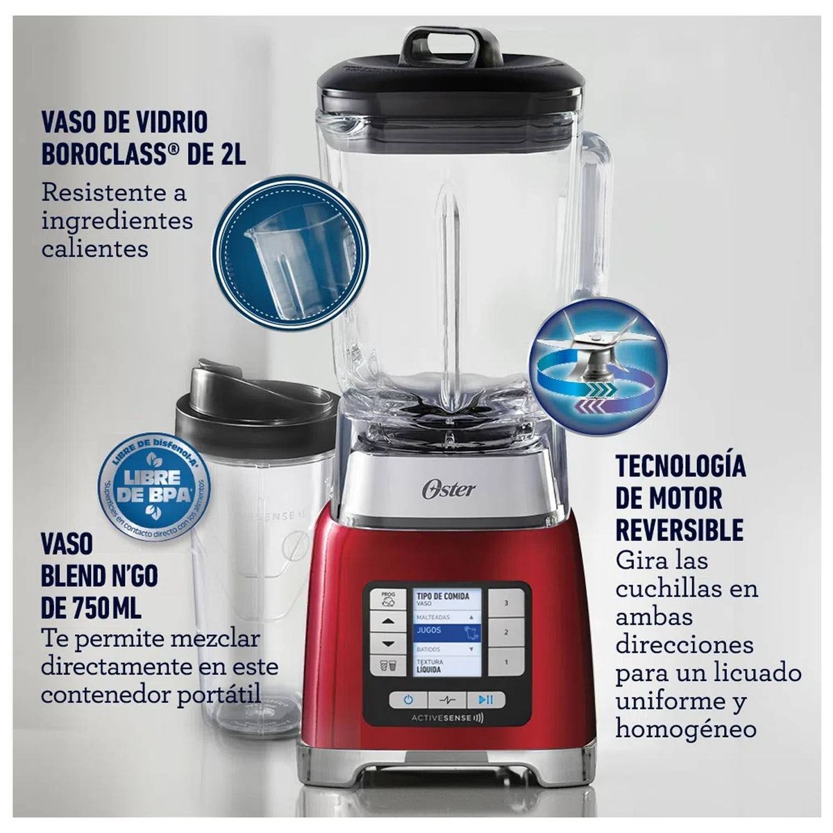 OSTER - Licuadora Oster ActiveSense 2L 1100W con Blend-N-Go BLSTTDGRBG Rojo
