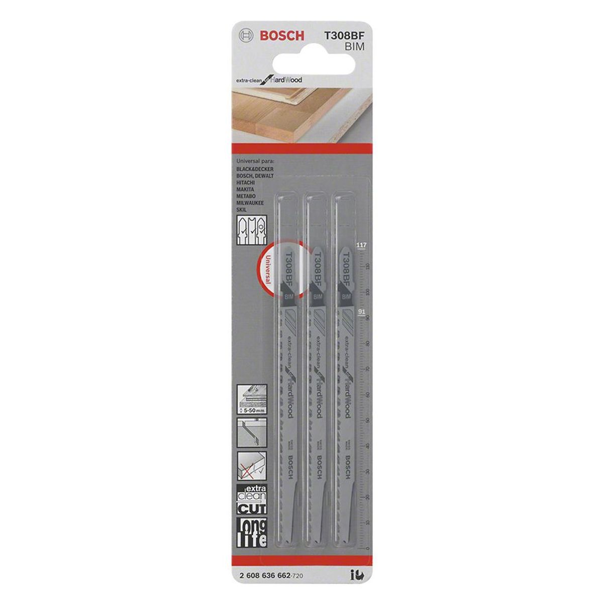 BOSCH - Hoja Caladora T308BF X3unid BIM Madera Recto fino P Madera dura