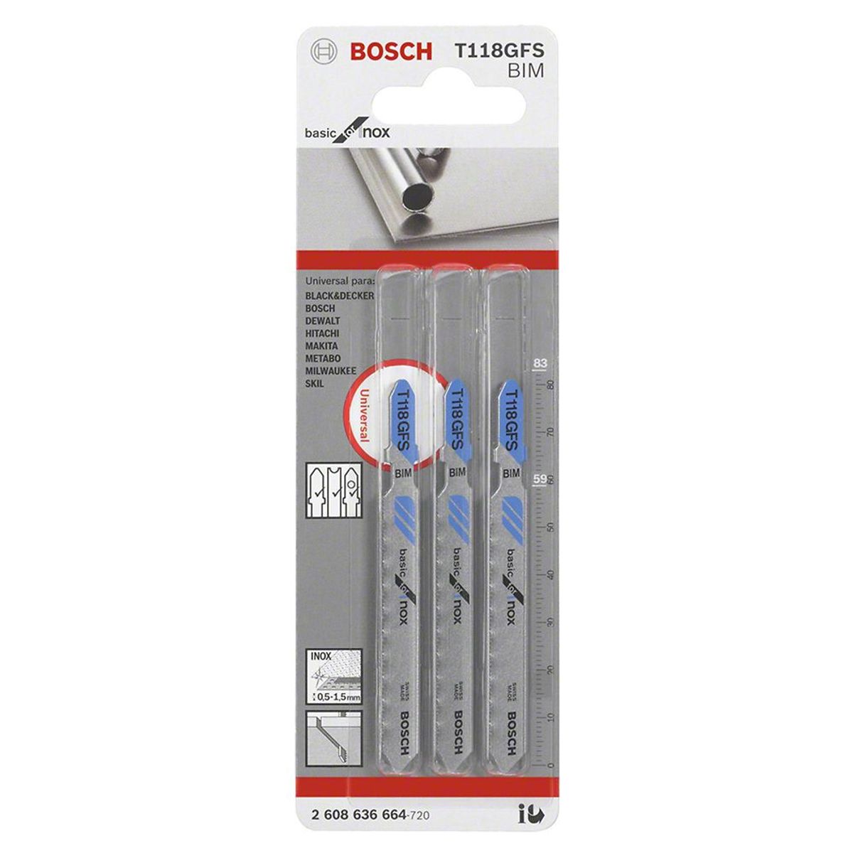 BOSCH - Hoja Caladora T118GFS X 3unid HSS RectoFino para acero inoxidable