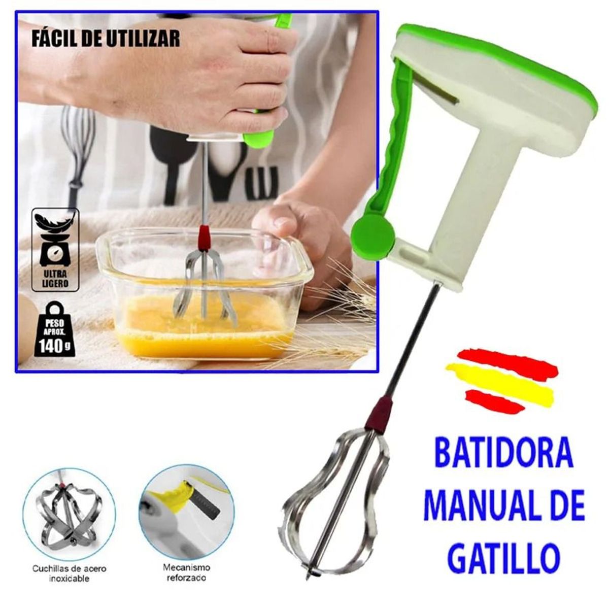 OEM - Batidora Manual de Gatillo Mecanico Ergonomico para Batir Huevos
