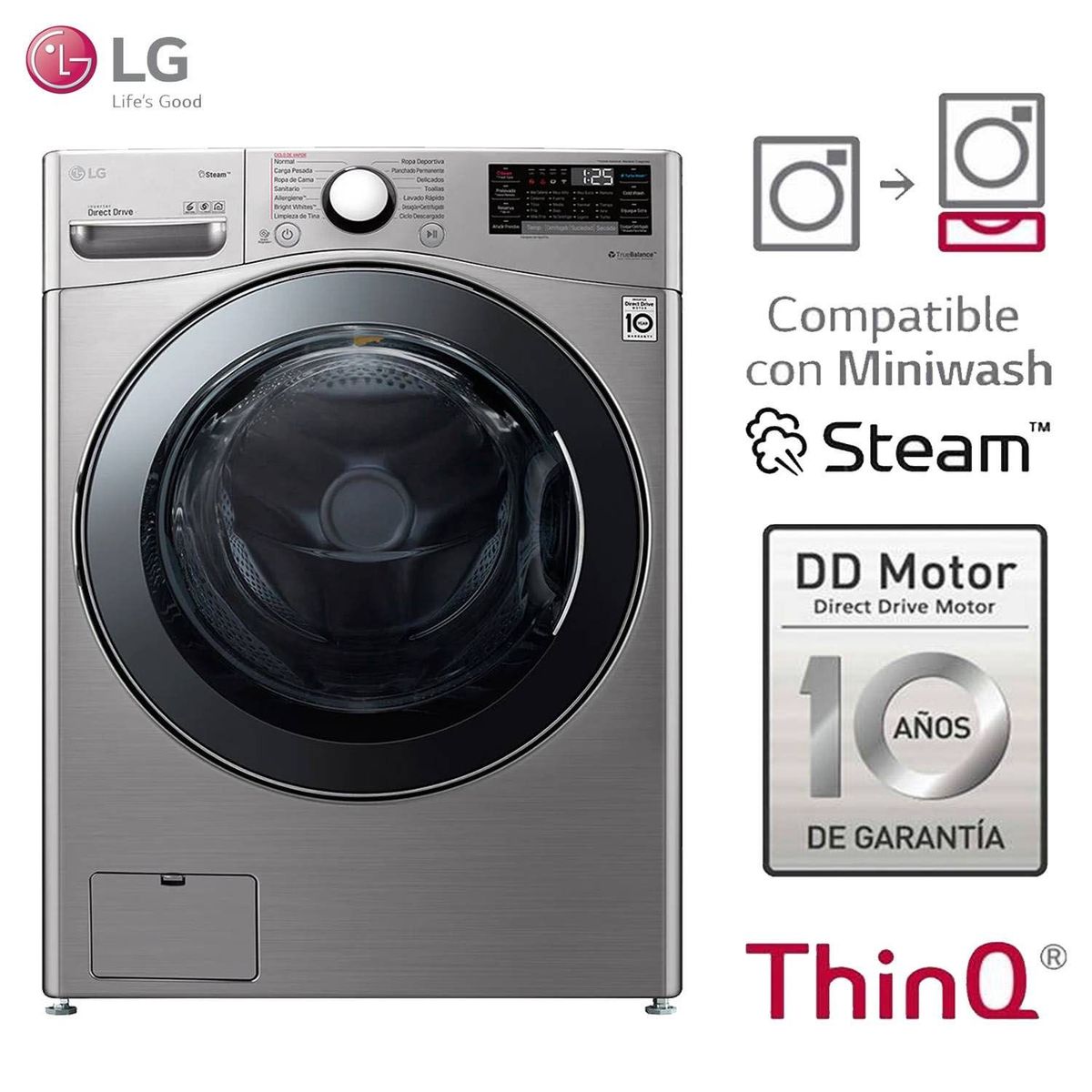 LG - Lavaseca LG 20 / 11Kg carga frontal con 6MotionDD Steam y conectividad Wi-Fi WD20VV2S6 Plata