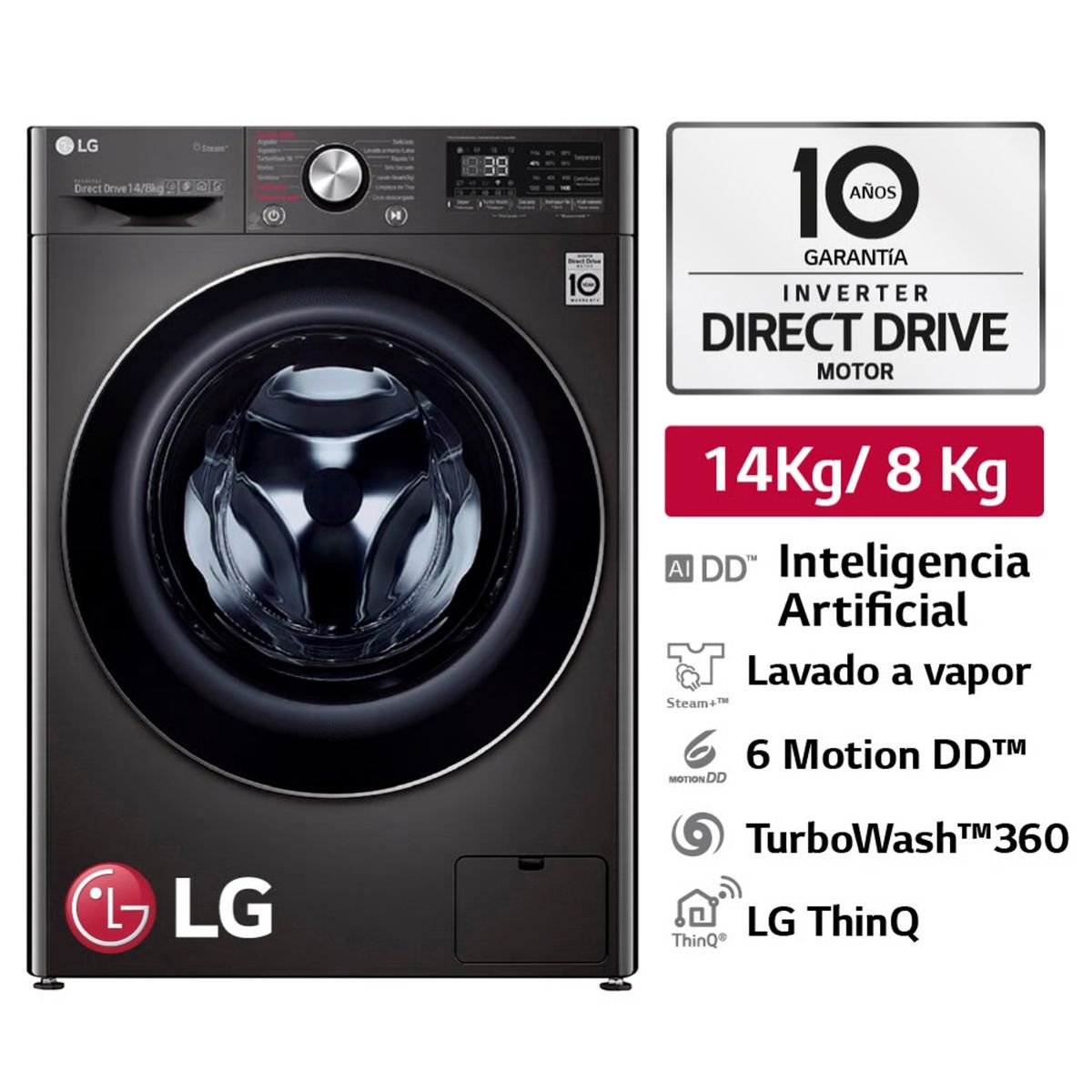 LG - Lavaseca LG 14/8Kg  Carga Frontal con AI DD Inteligencia Artificial WD14BVC2S6C Negro Acero