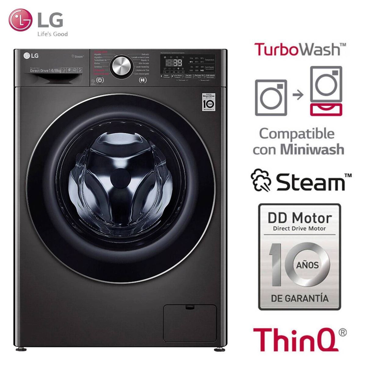 LG - Lavaseca LG 14/8Kg  Carga Frontal con AI DD Inteligencia Artificial WD14BVC2S6C Negro Acero