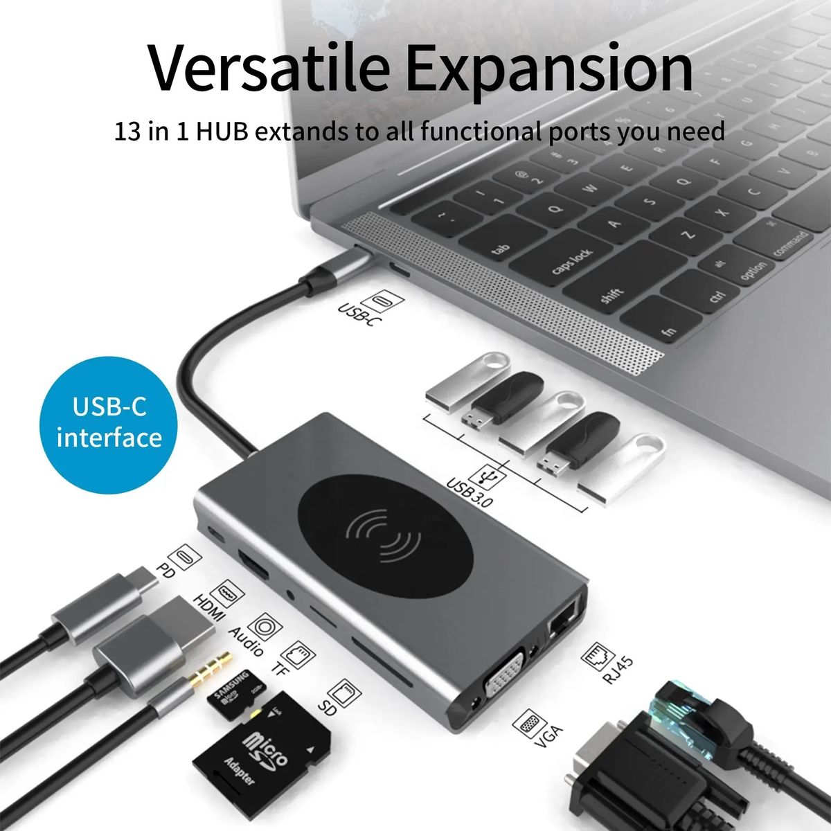OEM - Hub Estacion 13 en 1 Tipo C Gigabit 4k Multiport carga Inalambrica
