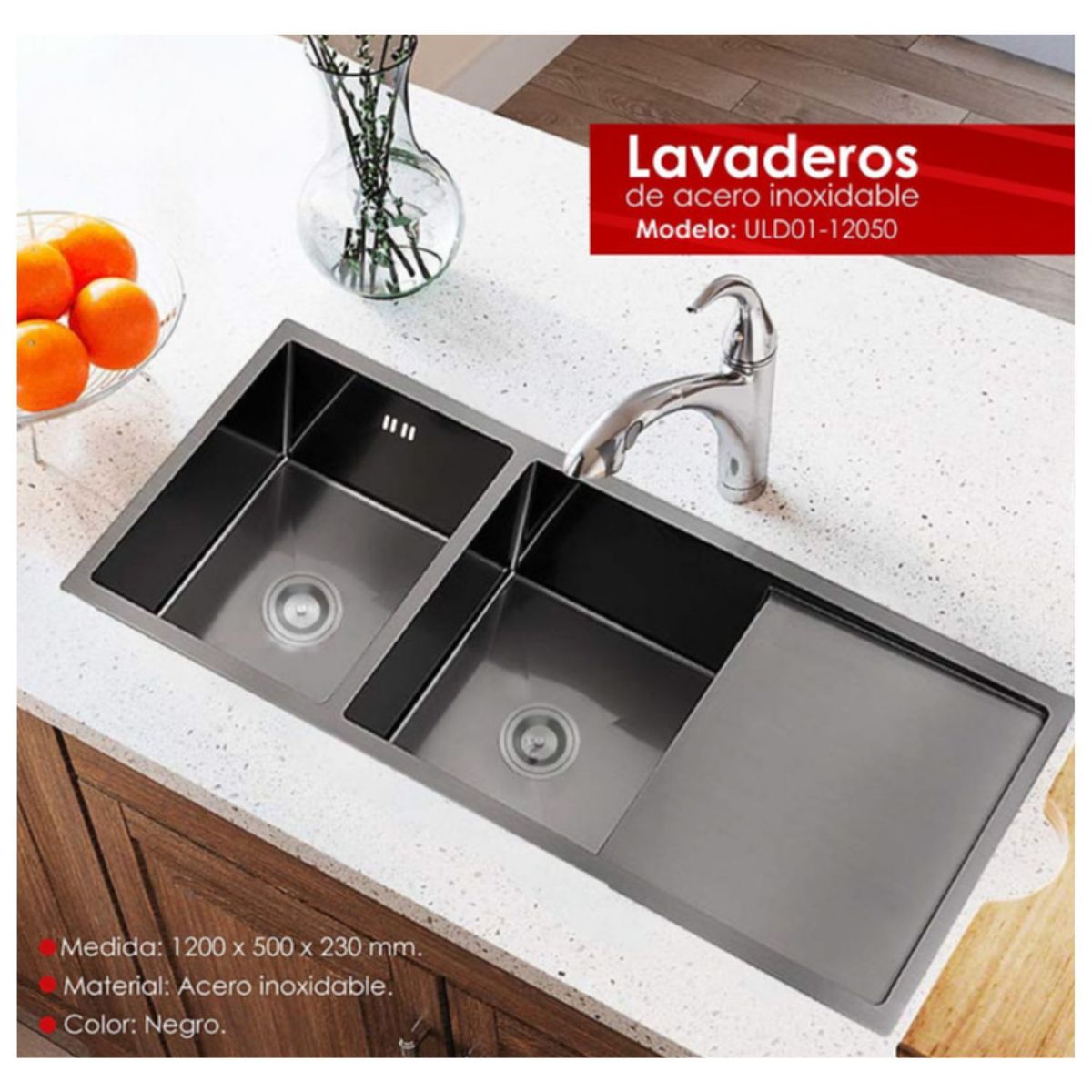 GENERICO - Lavadero de cocina de Lujo Negro 2 pozas con escurrido Acero