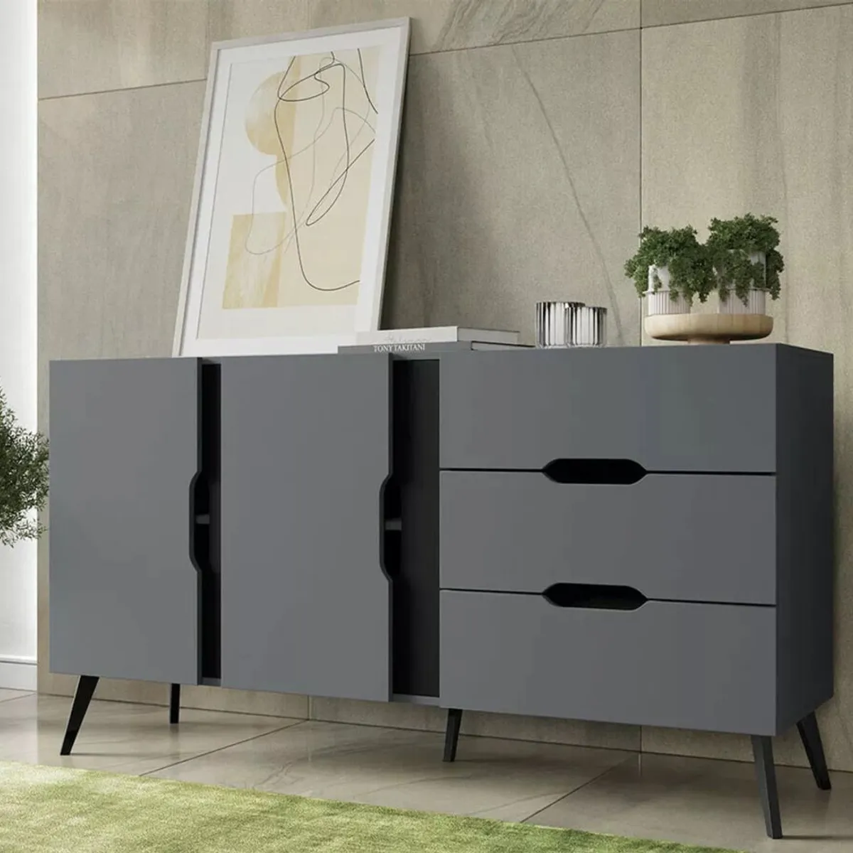 TU MESITA - Cómoda Moderna Juvenil Macabi color GrisNegro TU MESITA