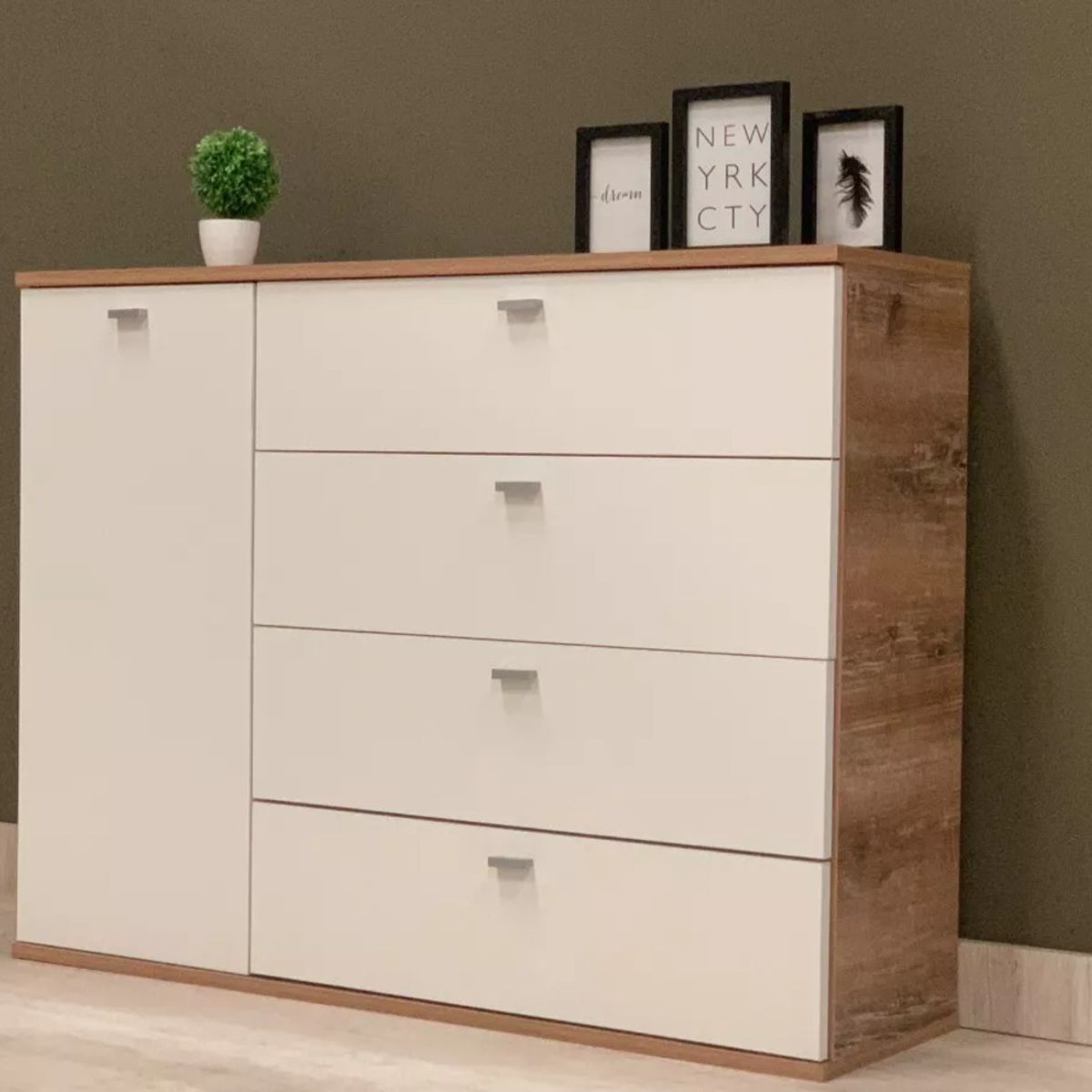 TU MESITA - Cómoda Clásica 4 cajones 1 puerta Dakar color Blanco/Haya TU MESITA