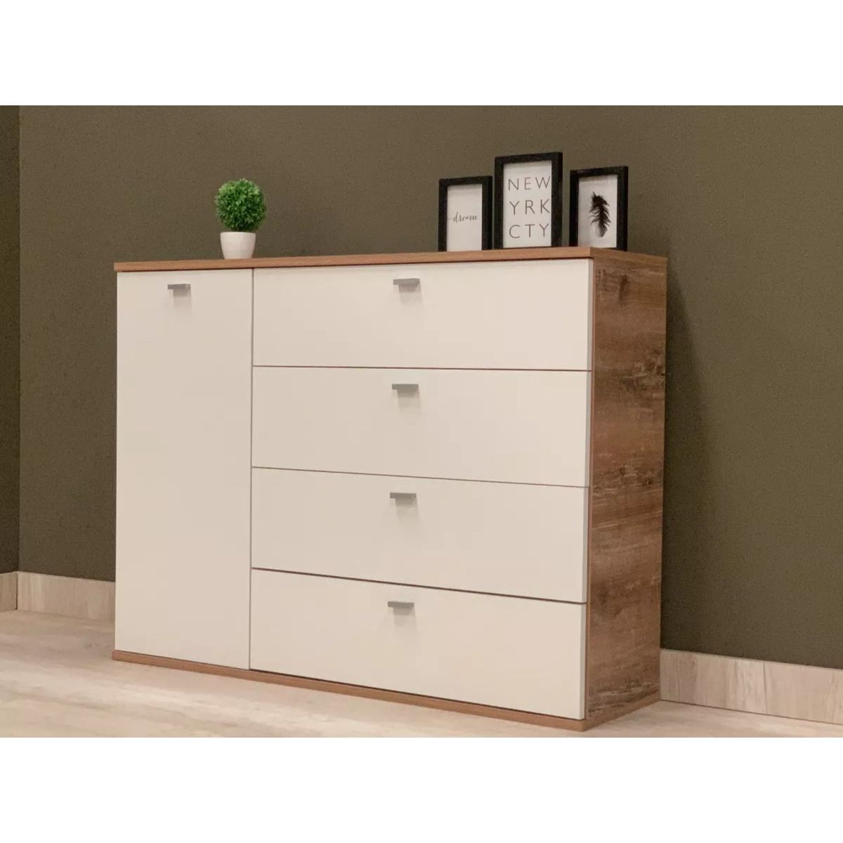 TU MESITA - Cómoda Clásica 4 cajones 1 puerta Dakar color Blanco/Haya TU MESITA