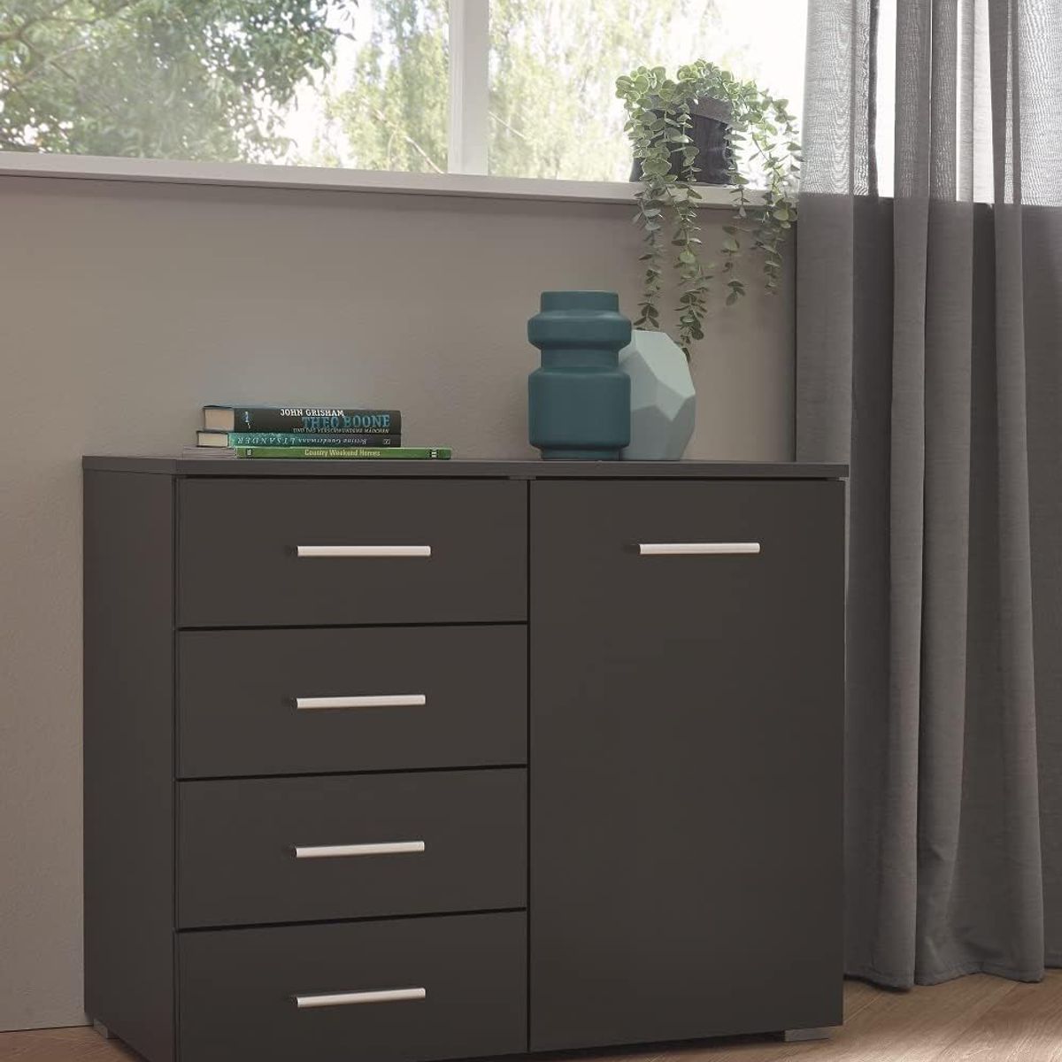 TU MESITA - Cómoda Clásica 4 cajones 1 puerta Morriset color Negro TU MESITA