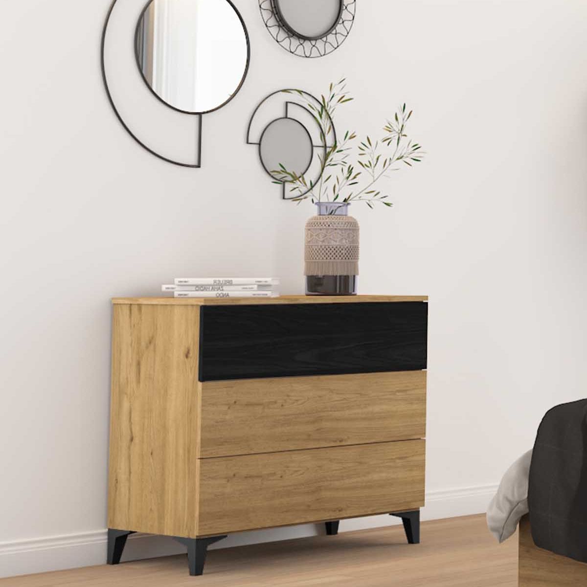 TU MESITA - Cómoda nórdica 3 cajones Beatriz color Duna/Negro TU MESITA