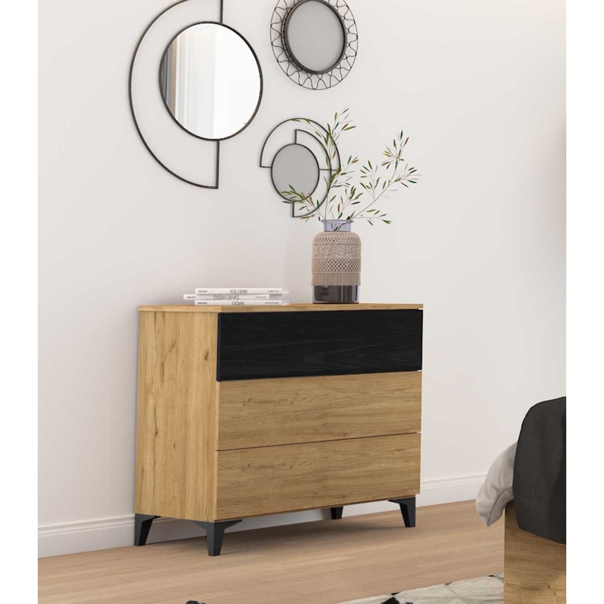 TU MESITA - Cómoda nórdica 3 cajones Beatriz color Duna/Negro TU MESITA