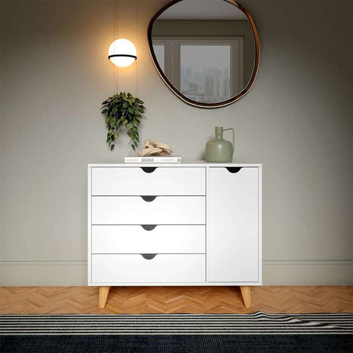 TU MESITA - Cómoda clásica 4 cajones mas puerta Ginebra color Blanco TU MESITA