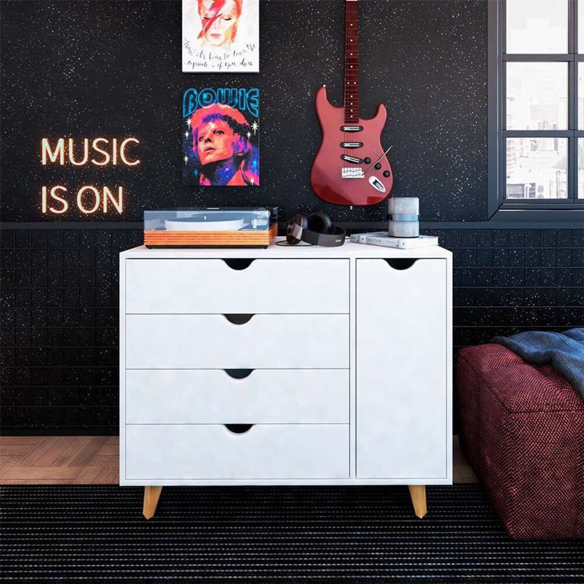 TU MESITA - Cómoda clásica 4 cajones mas puerta Ginebra color Blanco TU MESITA