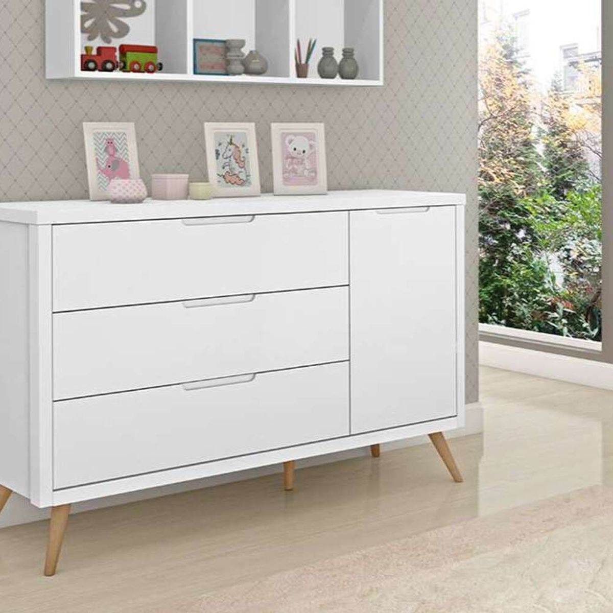 TU MESITA - Cómoda Elegante 3 cajones 1 puerta Begonia color Blanco TU MESITA