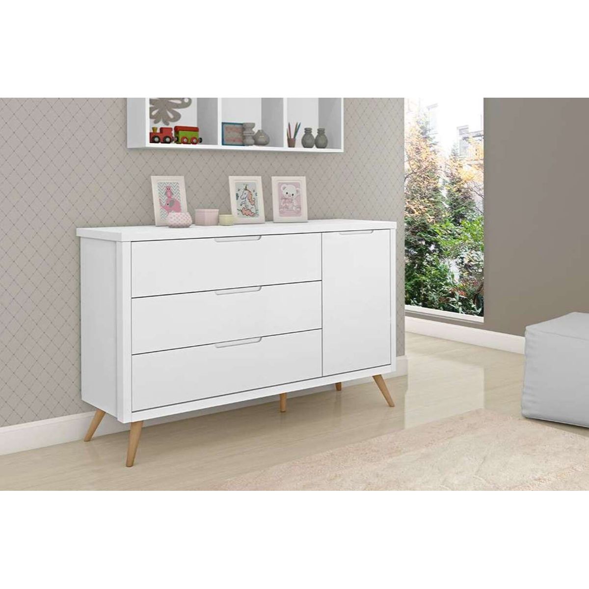 TU MESITA - Cómoda Elegante 3 cajones 1 puerta Begonia color Blanco TU MESITA