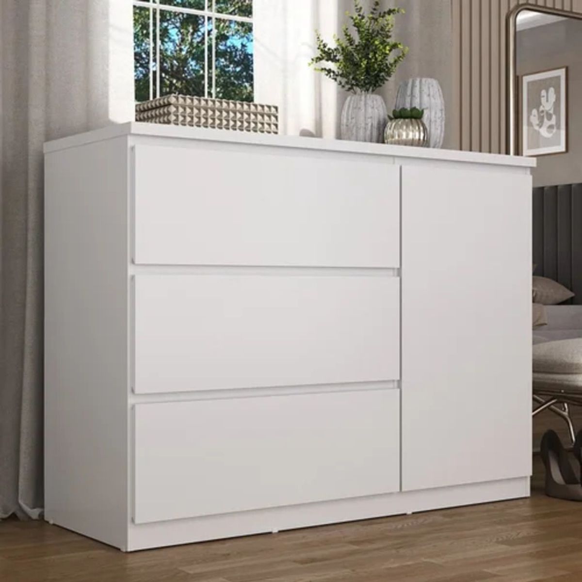 TU MESITA - Cómoda clásica 3 cajones 1 puerta Farrell color Blanco TU MESITA