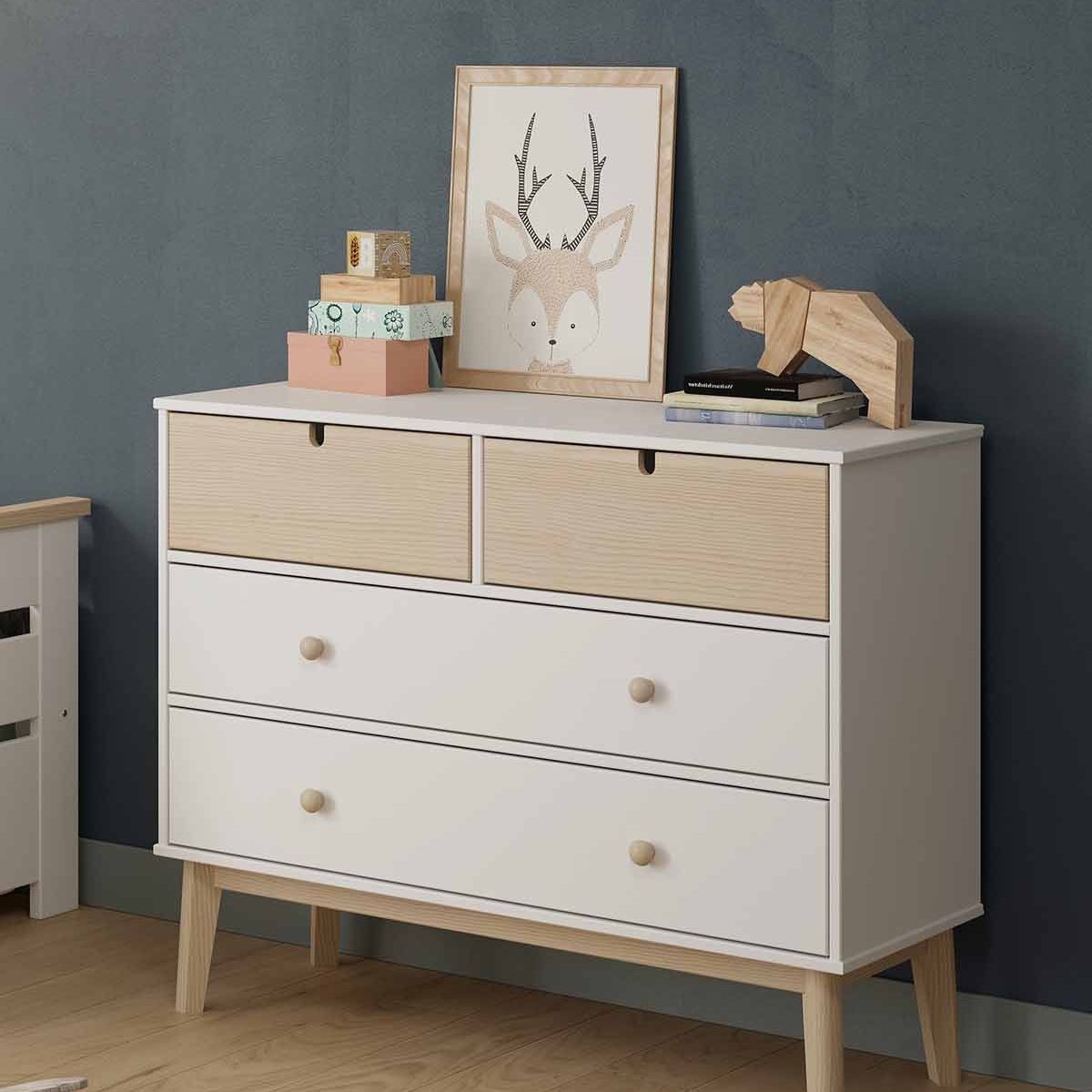 TU MESITA - Cómoda Moderna 4 cajones Athala color Blanco/Haya TU MESITA