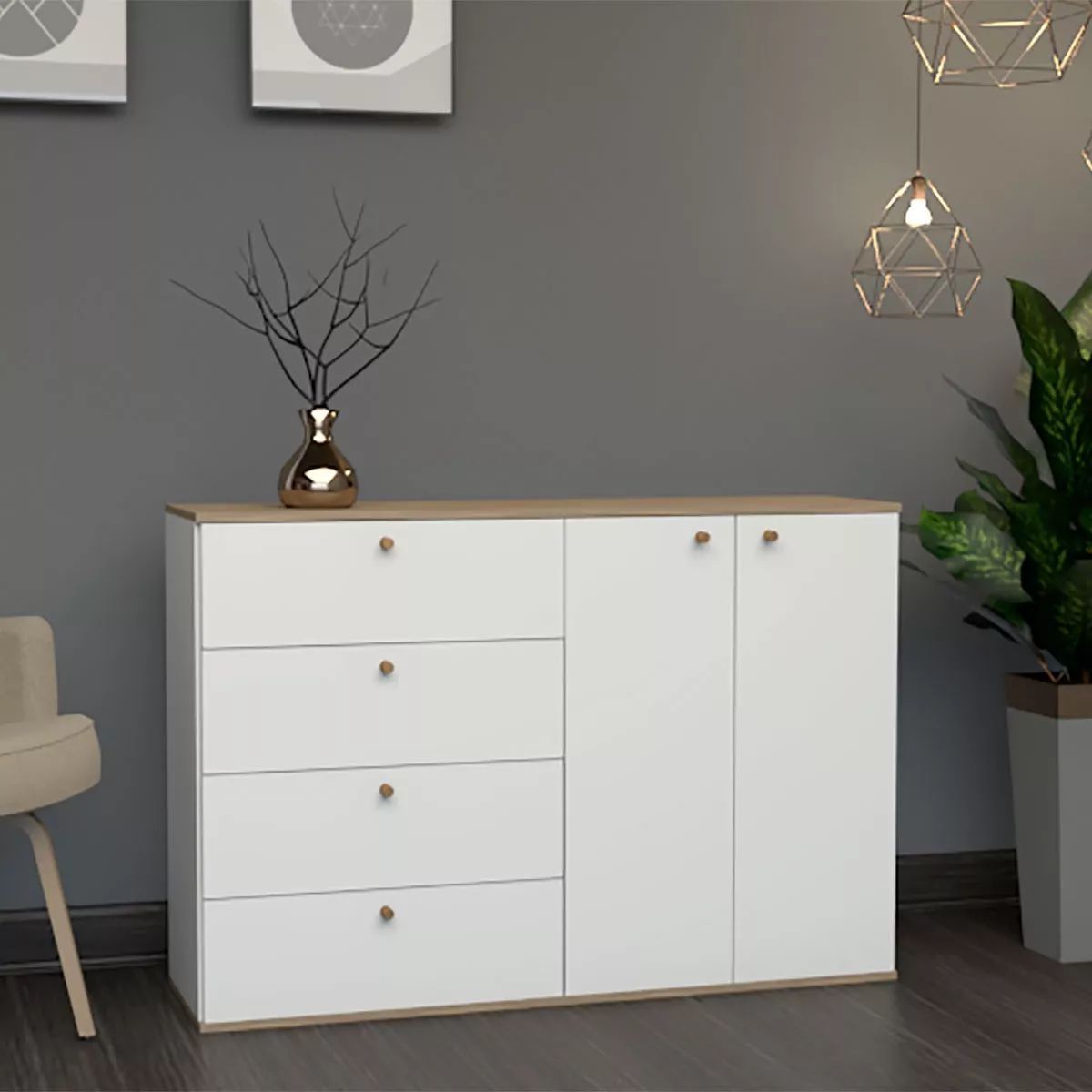 TU MESITA - Cómoda Juvenil 4 cajones 2 puertas Adelaida color Blanco TU MESITA