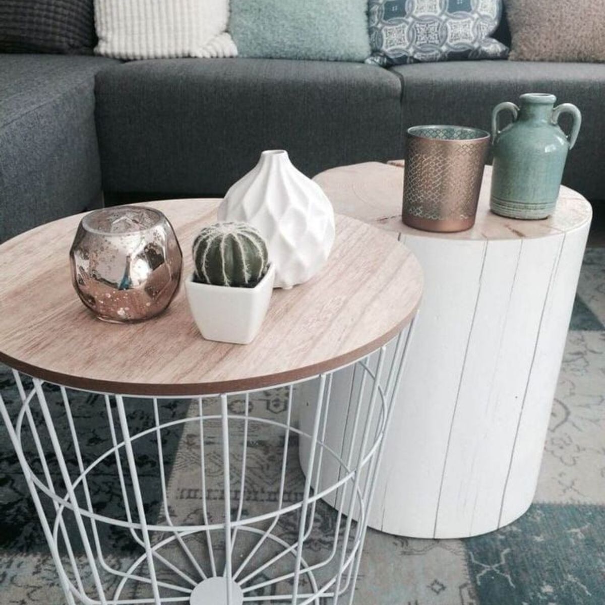 GENERICO - Mesa auxiliar ahorra espacio de metal blanco y madera estilo japandi