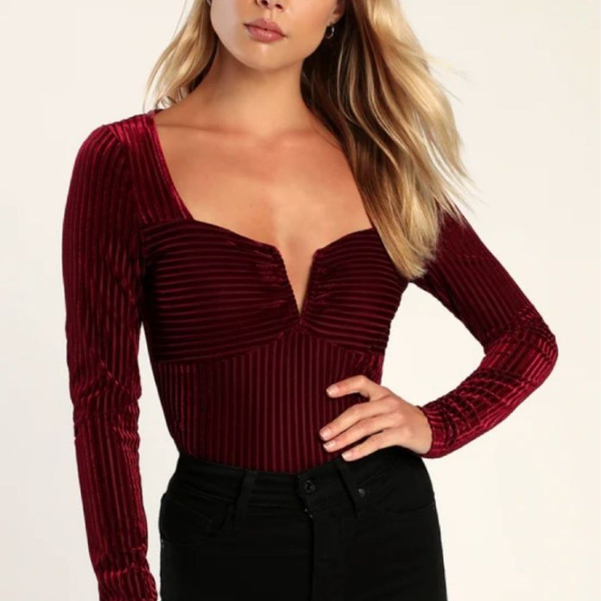 GENERICO - EXCLUSIVO DE LULUS Body De Manga Larga A Rayas De Terciopelo