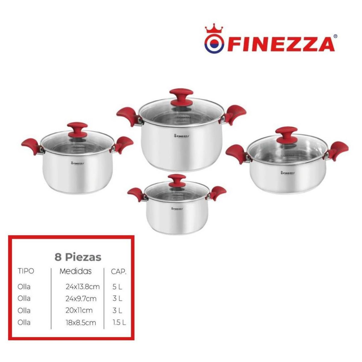 FINEZZA - JUEGO DE OLLAS 8 Pzas ACERO INOXIDABLE FINEZZA