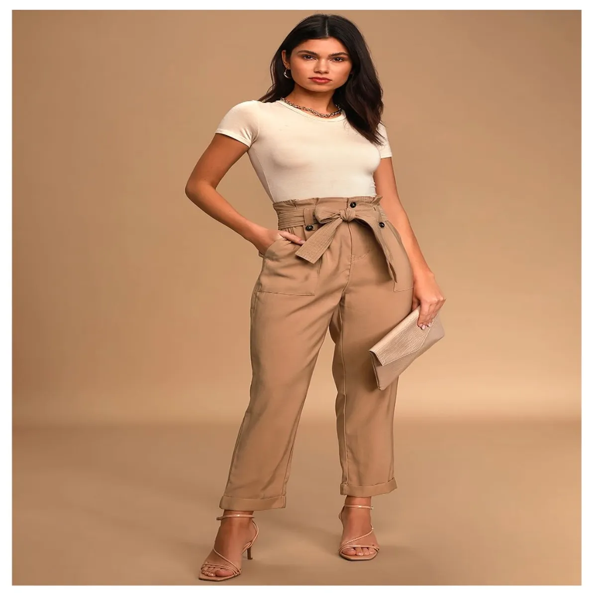 GENERICO - Pantalón lulus corto con cintura alta camel talla M