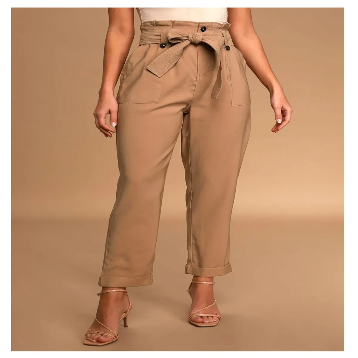 GENERICO - Pantalón lulus corto con cintura alta camel talla M