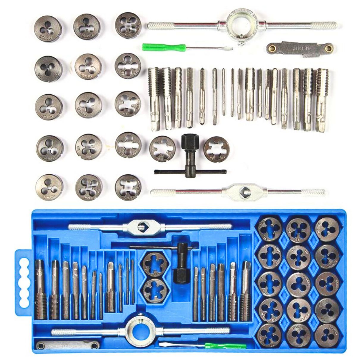 GENERICO - SET 40 PIEZAS DE TARRAJAS Y MACHUELOS M3-M12 CON LLAVES Y CALIBRADOR