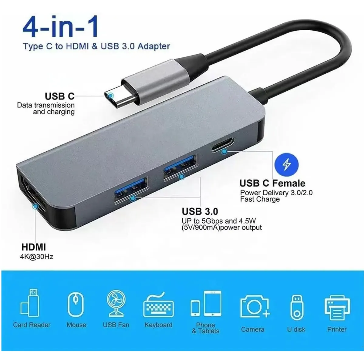 OEM - Hub Adaptador 4 en 1 Tipo C a HDMI 4K / USB/  PD 87W
