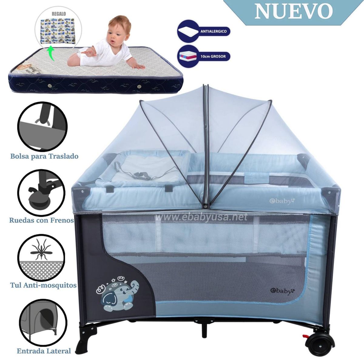 EBABY - Cuna Corral Ebaby con Cambiador Happy Dream Celeste-Colchón