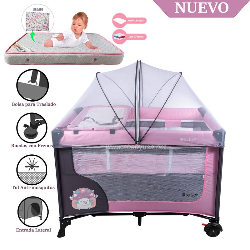 EBABY - Cuna Corral Ebaby con Cambiador Happy Dream Rosado-Colchón