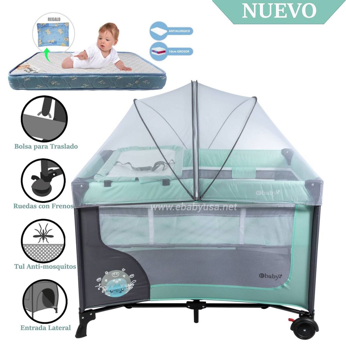 EBABY - Cuna Corral Ebaby con Cambiador Happy Dream Verde-Colchón