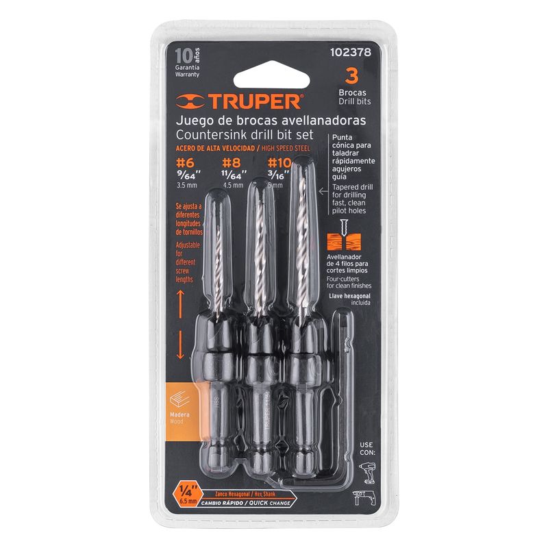 TRUPER - Juego de 3 brocas avellanadoras para madera Truper