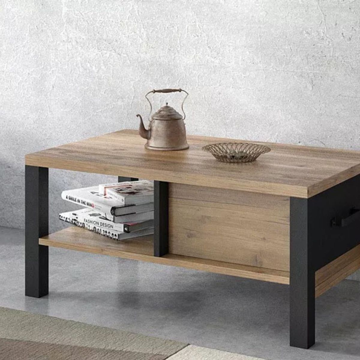 TU MESITA - Mesa de centro moderna 1 cajón Samanta color Macadamia/Negro TU MESITA