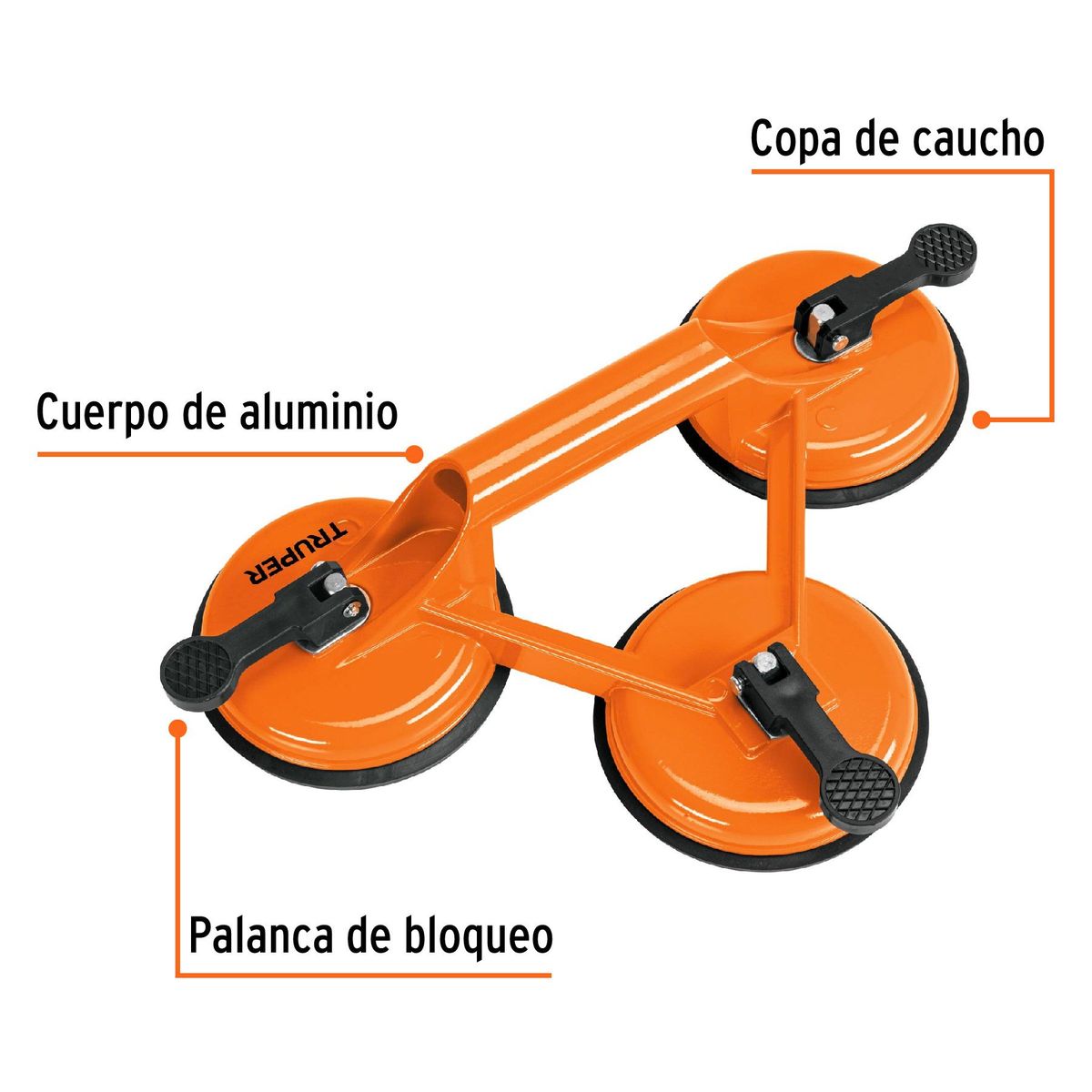 Ventosa de aluminio para vidrio 3 copas de succión Truper, marca TRUPER - Foto 2