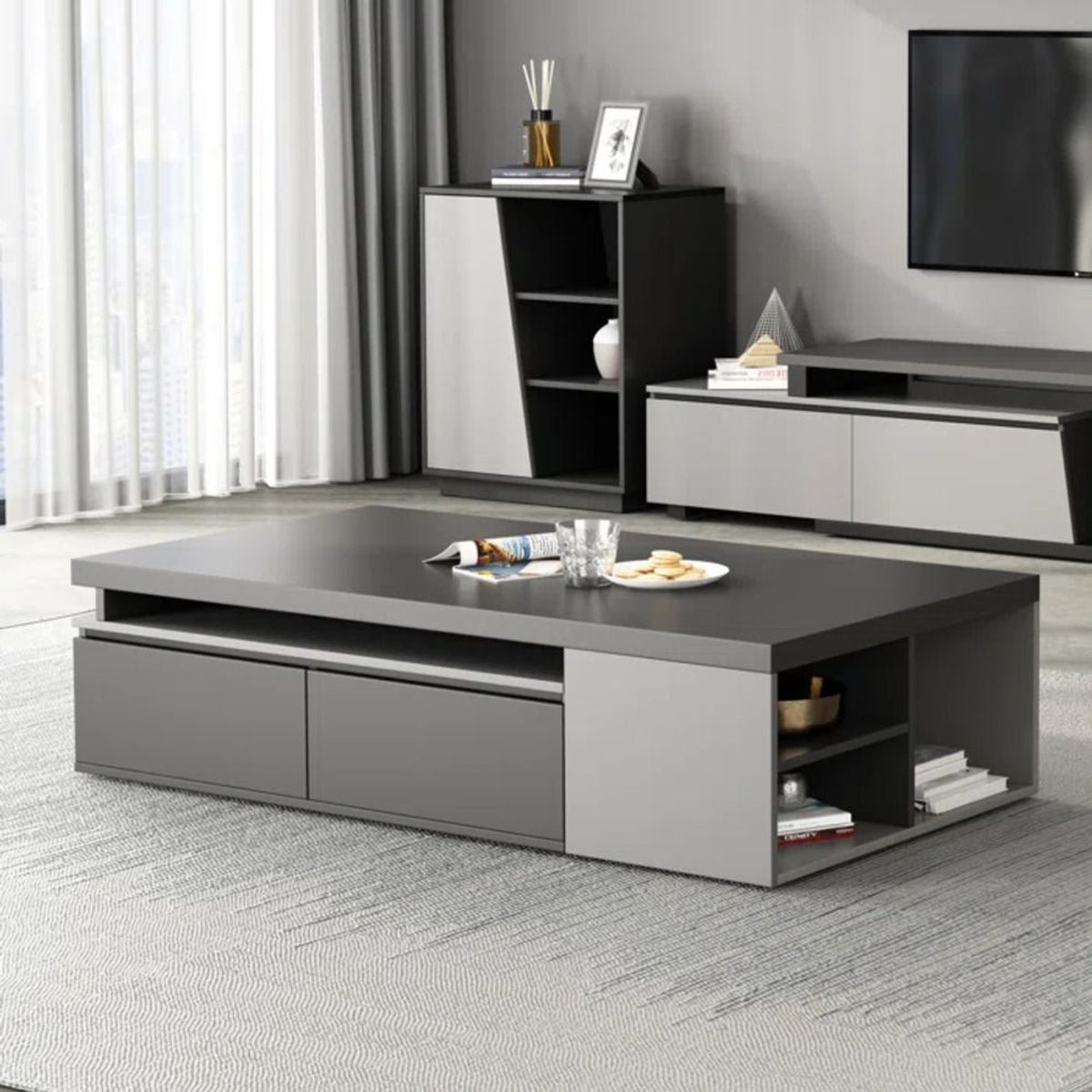 TU MESITA - Mesa de Centro Moderna Extensible Beberly color Negro/Gris TU MESITA