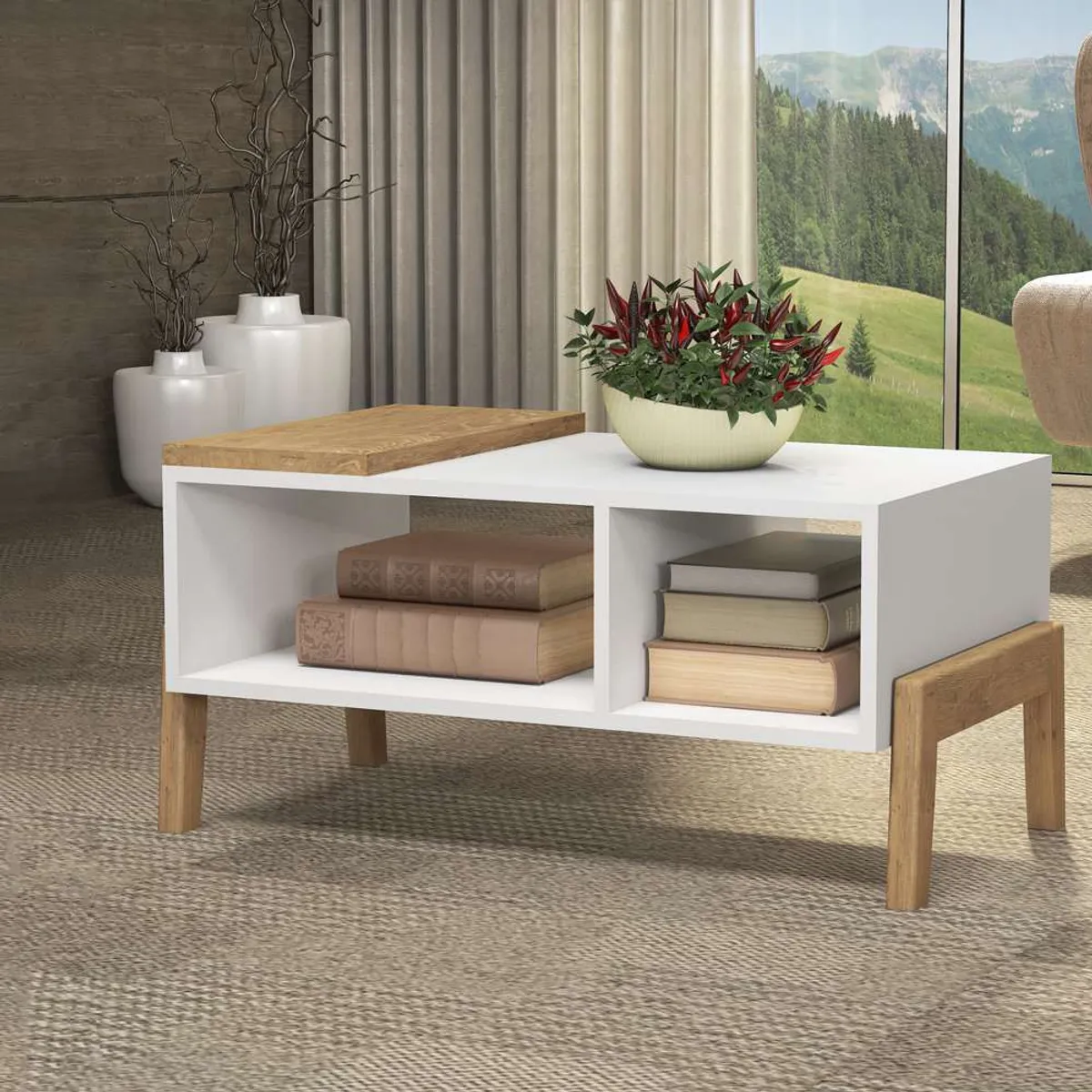 TU MESITA - Moderna Mesa de Centro Platón color Blanco/Haya TU MESITA