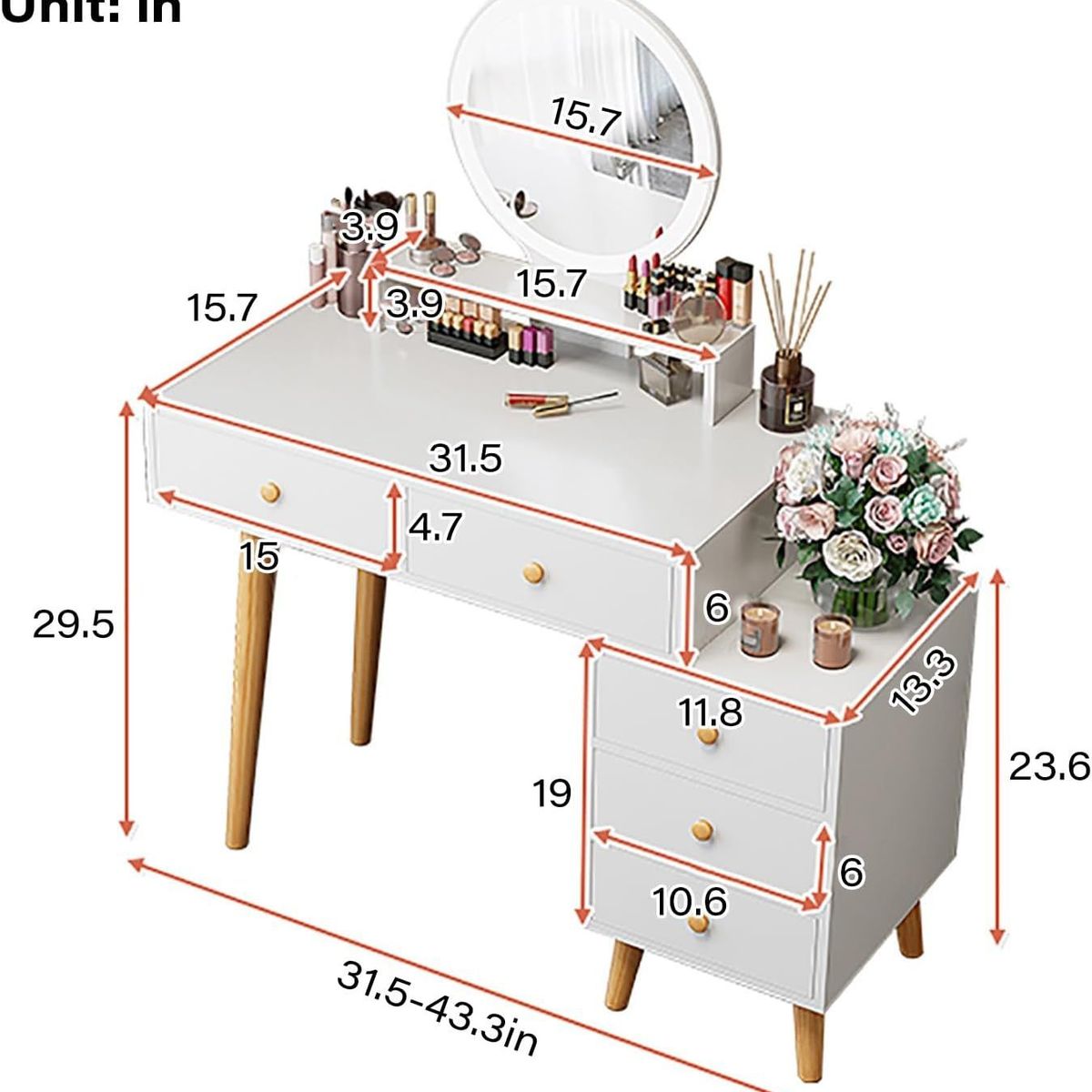 TU MESITA - Tocador Moderno Extensible con espejo luces Morelia color Blanco TU MESITA