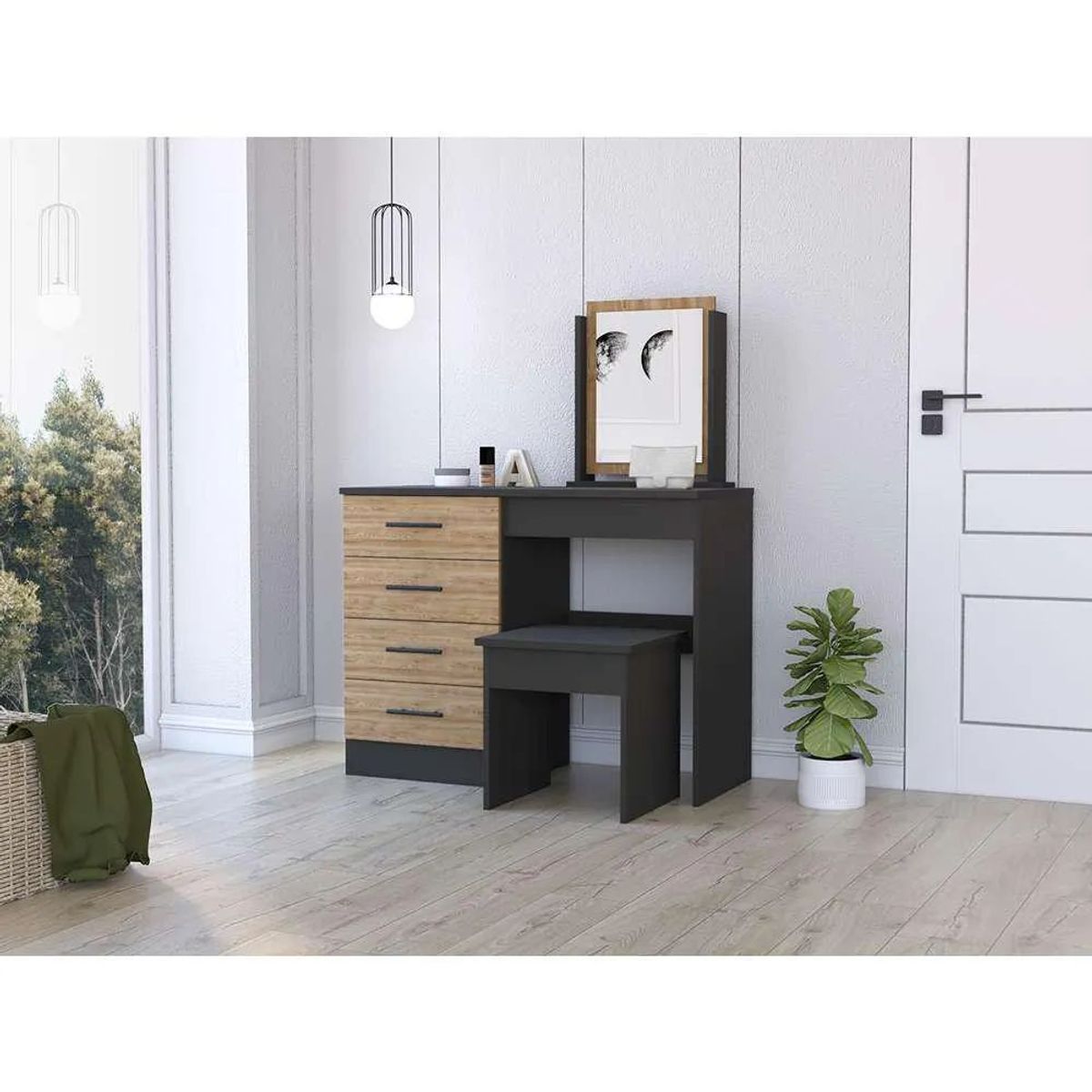 TU MESITA - Tocador con espejo 4 cajones Maná color Negro/Macadamia TU MESITA