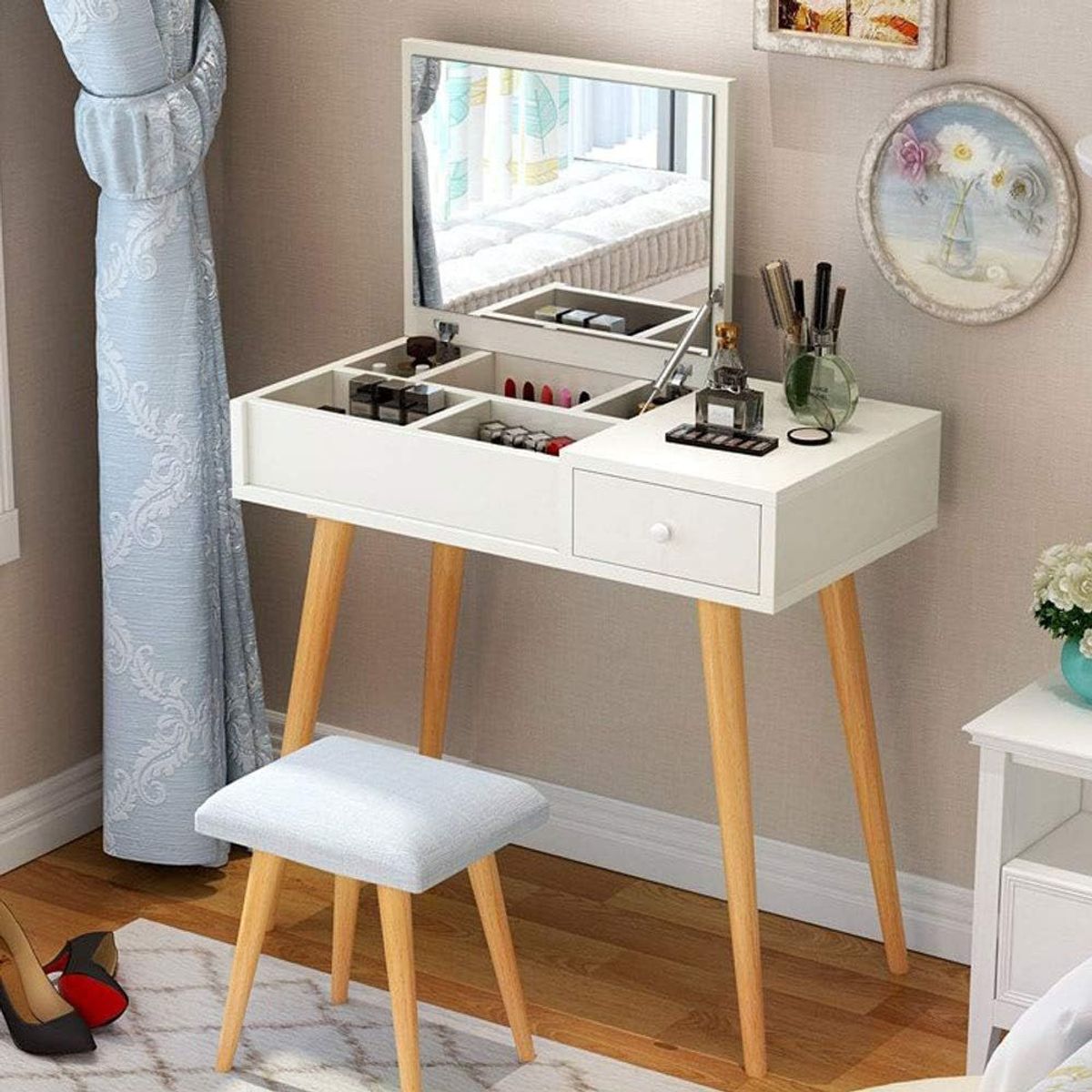 TU MESITA - Tocador Nórdico con espejo 1 cajón Bruselas color Blanco TU MESITA