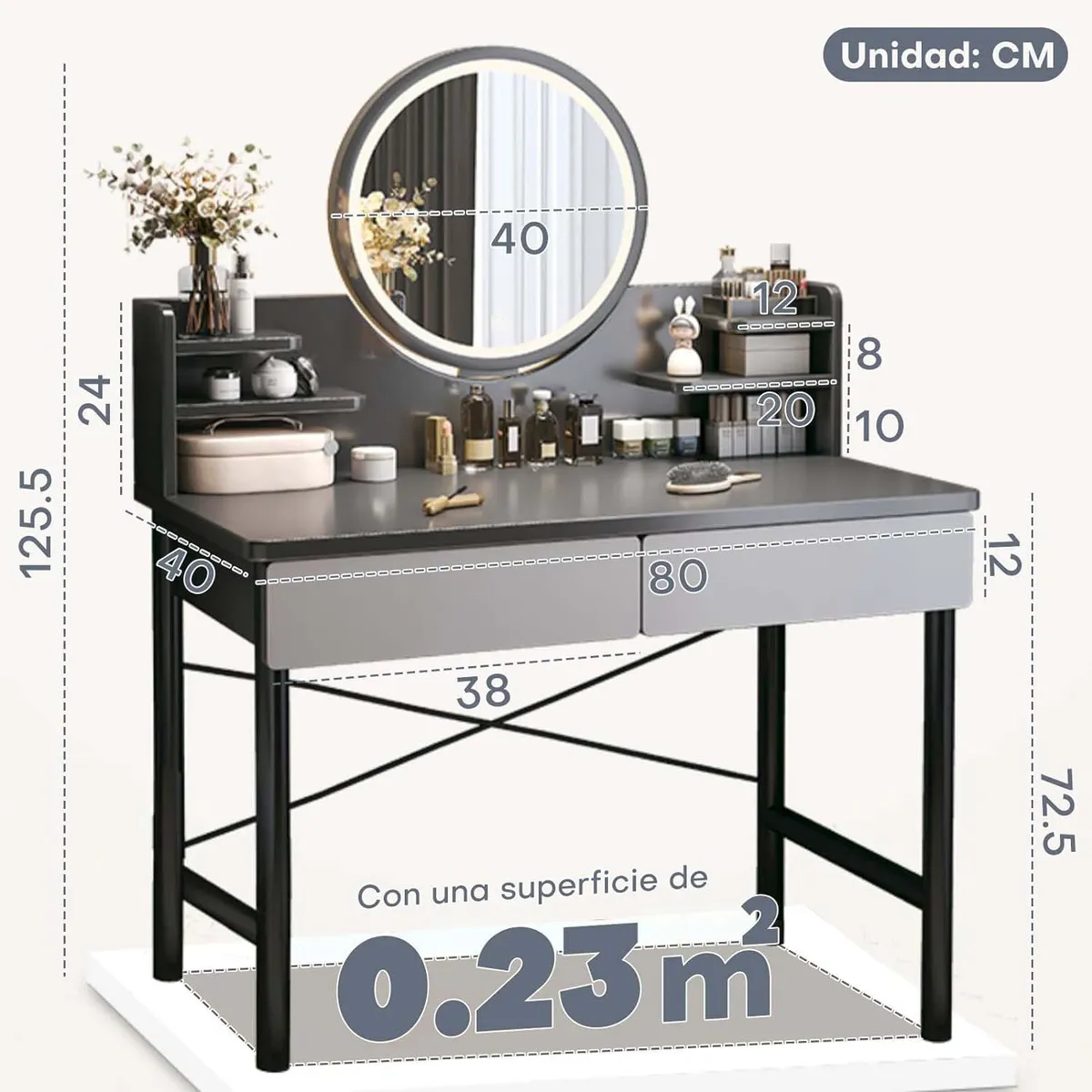 TU MESITA - Tocador Moderno 2 cajones Priscila color Negro/Gris TU MESITA