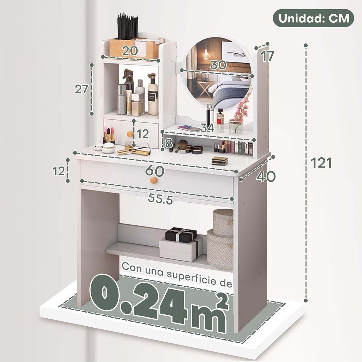 TU MESITA - Tocador Moderno con espejo Trinidad color Blanco TU MESITA