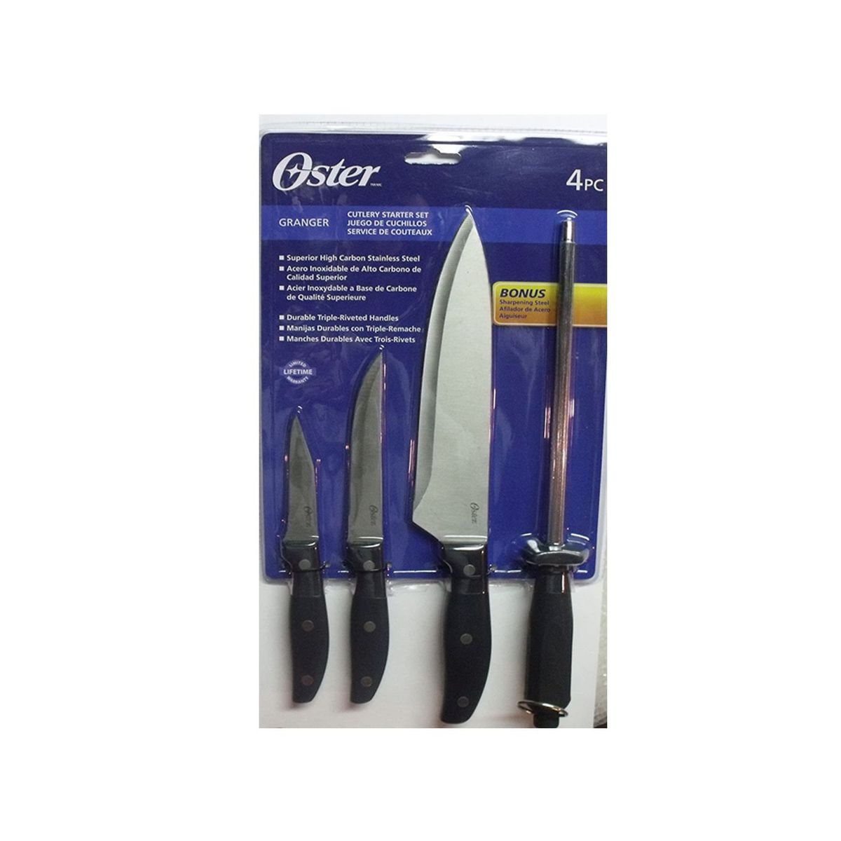 OSTER - Set de Cuchillos con Afilador 4 Piezas Acero Inoxidable