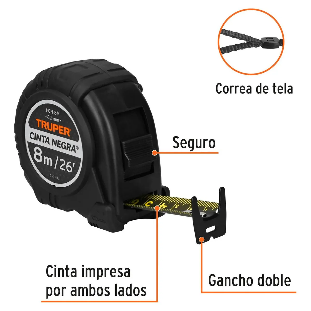 TRUPER - Wincha cinta negra 8 m cinta 19 mm Truper